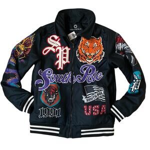 Southpole Men Y2K Varsity Bomber Jacket M Black American Dream Retro Patch NWT